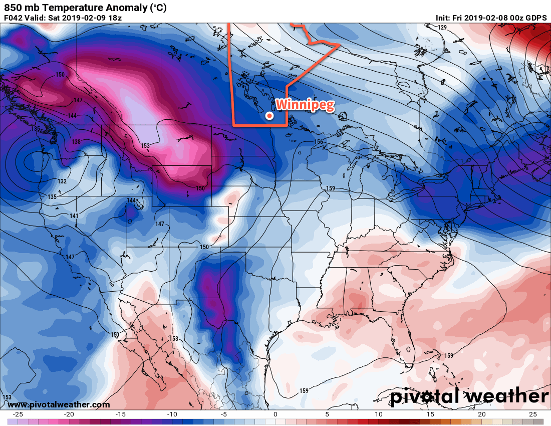 This map of 850mb temperature anomalies shows the wide extend of colder-than-seasonal temperatures across the Prairies.
