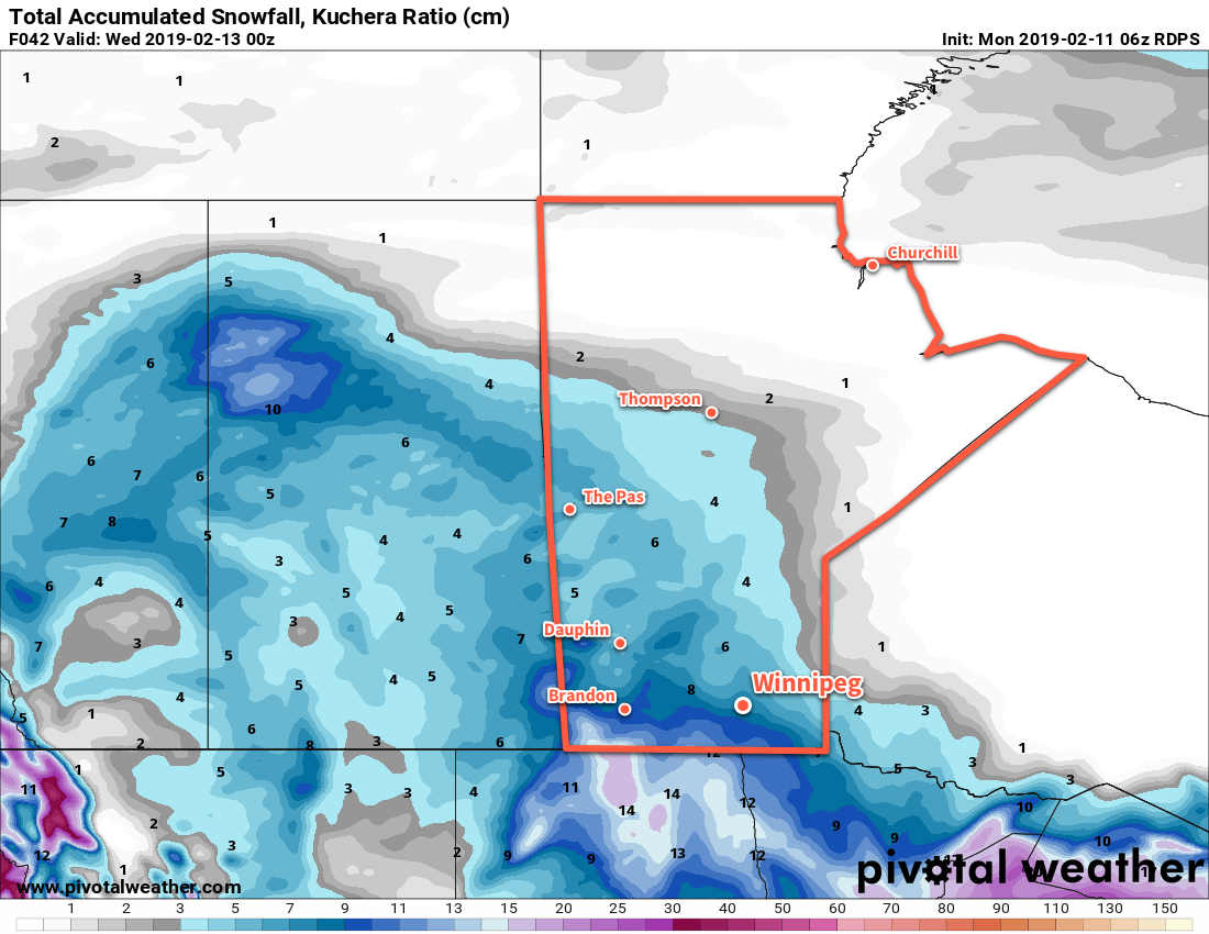 Much of southern Manitoba will see 4-8 cm of snow over the coming 48 hours, although note that this forecast snowfall map is likely producing slightly higher amounts along the Manitoba-U.S. border than expected.