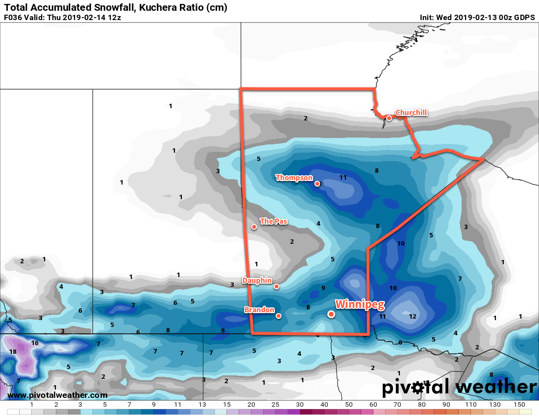 Much of southern Manitoba will see 5 to 10 cm of fresh snow by the time the disturbance laves the province on Thursday morning.