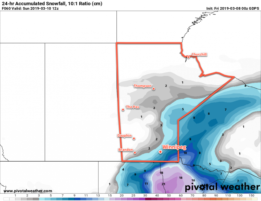 GDPS 24hr. Snowfall Accumulation (10:1 SLR) valid 12Z Sunday March 10, 2019