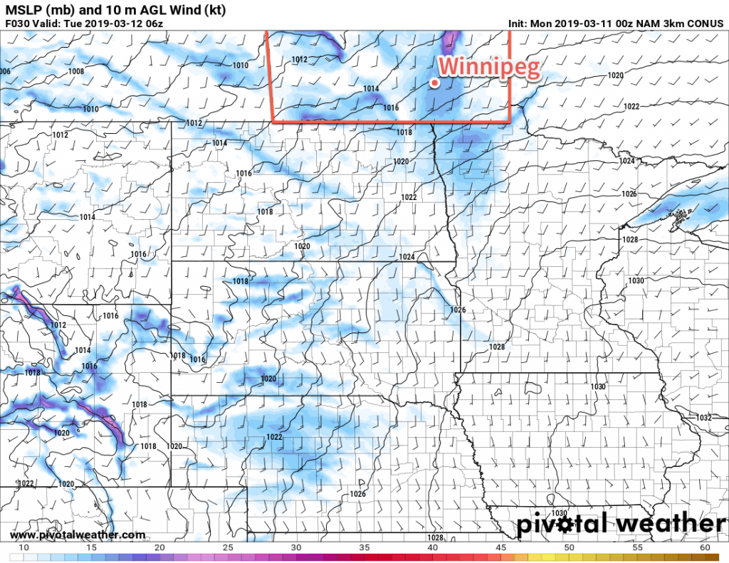 3km NAM Forecast 10m Wind valid 06Z Tuesday March 12, 2019