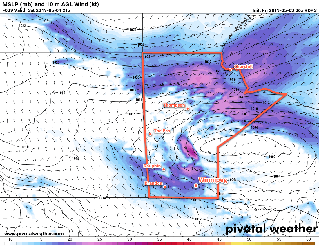 Moderate westerly winds will develop over southern Manitoba on Saturday.