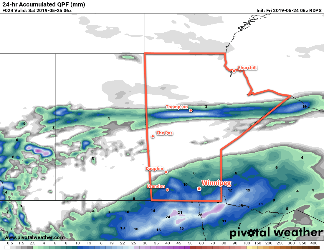 Southern Manitoba will see a good soaking rain today with up to 20-25 mm of rian possible near the American border.