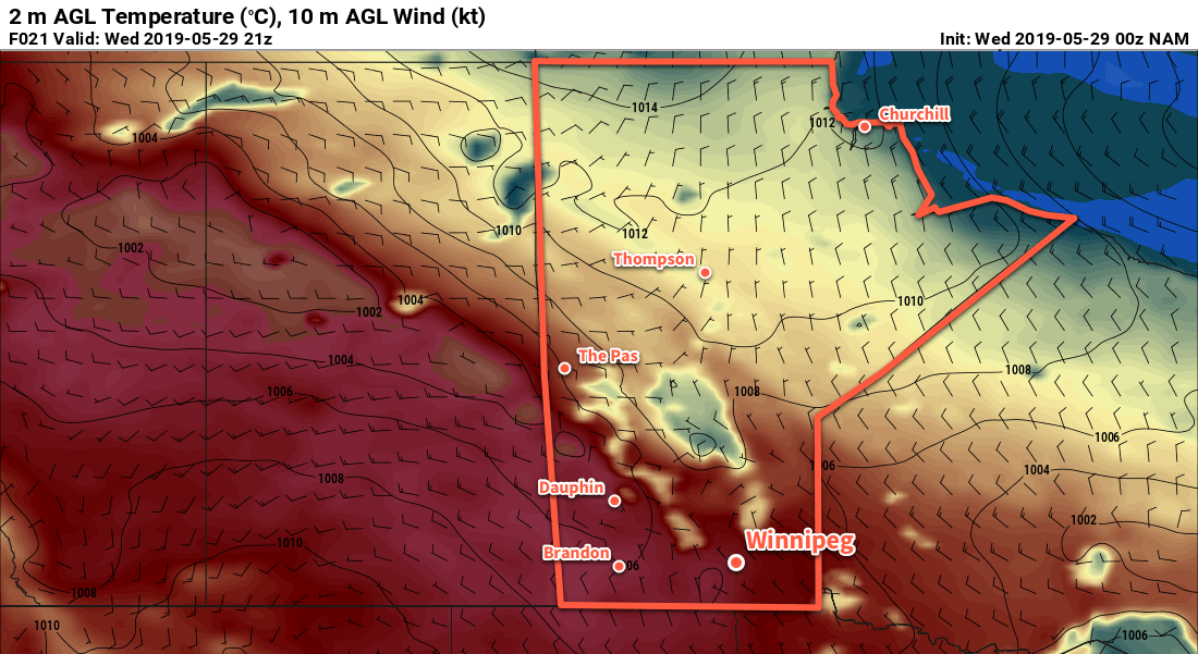 Hot temperatures in the upper 20s and low 30s will be in place across the southern Prairies today and Thursday.