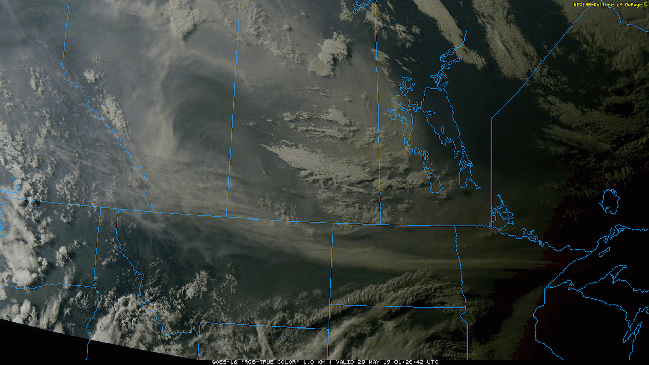 At sunset yesterday, a large plume of smoke over Alberta and Saskatchewan could is visible spreading into western Manitoba.