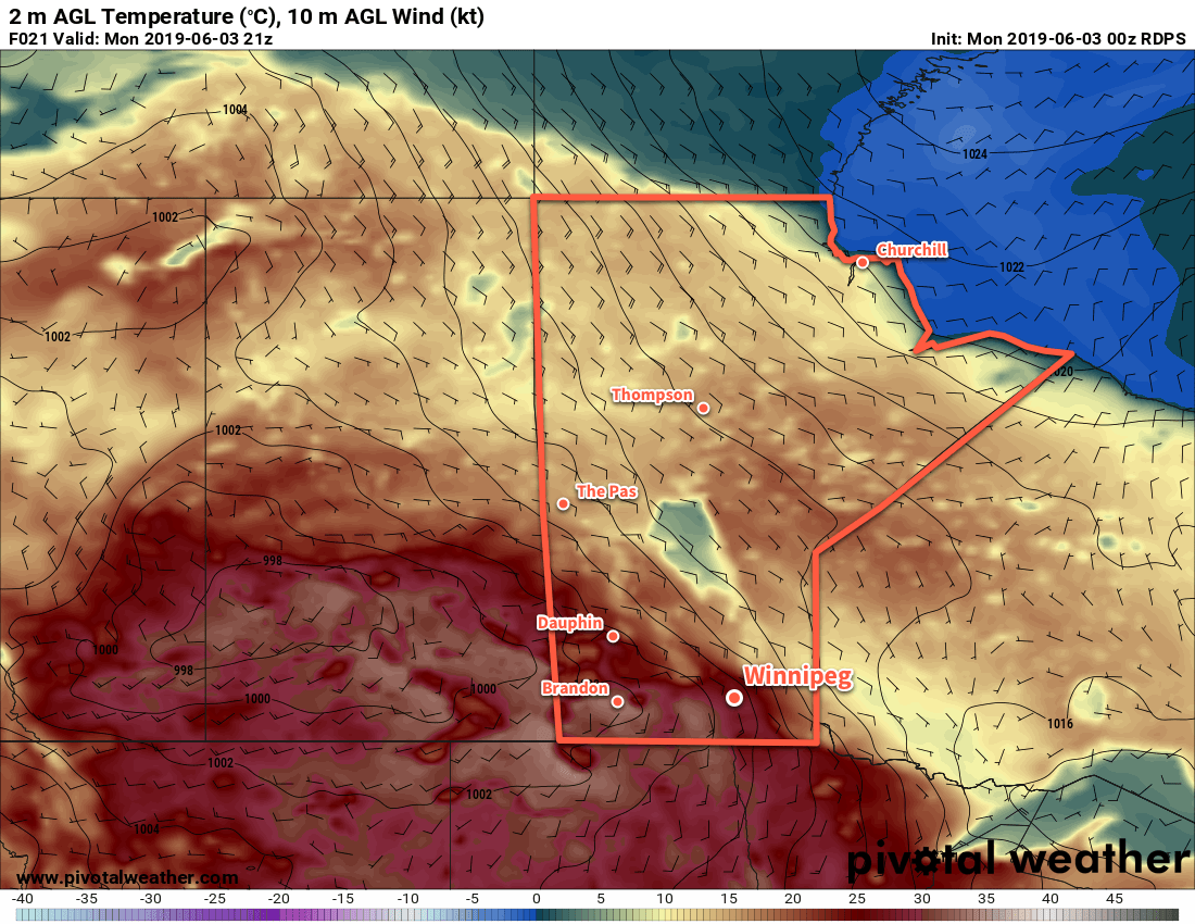 Daytime highs on Monday will climb into the upper 20s and low 30s across much of south-central and southwest Manitoba.