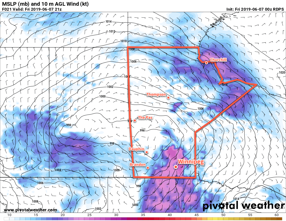 Strong southelry winds will be in place over southern Mantioba this afternoon. To the west, a trough of low pressure extending southwards into the United States may trigger a line of thunderstorms late in the day.
