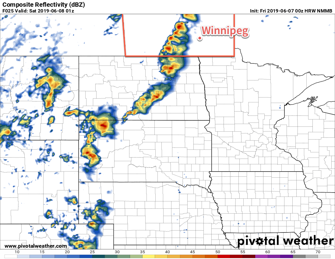 If thunderstorms are able to develop along the trough, southern Manitoba may see a line of thunderstorms marching towards the Red River Valley early in the evening.