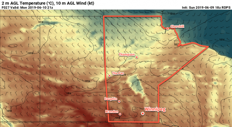 RDPS 2m Temperature Forecast valid 21Z Monday June 10, 2019