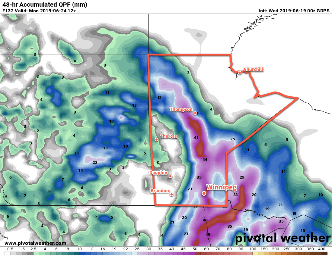 Some forecasts show a wide swath of 1 to 2 inches of rain this weekend over parts of Manitoba, but there's still a lot of uncertainty as to how this system will develop through the week and into the weekend.