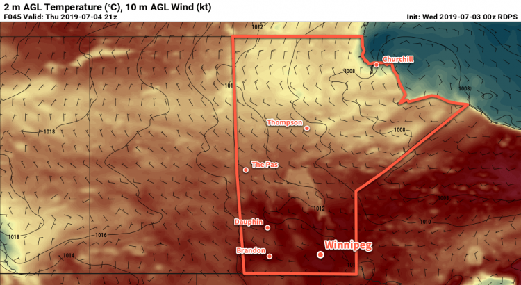 RDPS 2m Temperature Forecast valid 21Z Thursday July 4, 2019