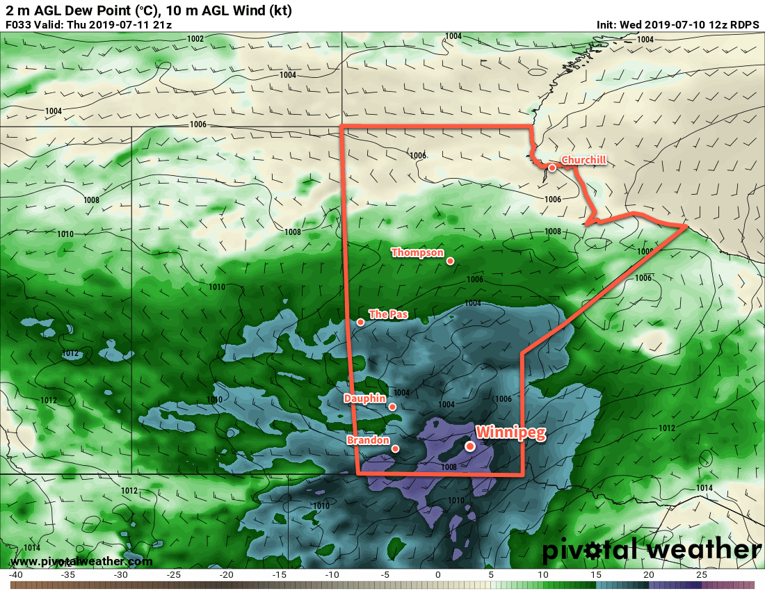 Very humid conditions will develop over southern Manitoba on Thursday afternoon. Dew point values are forecast to climb above 20°C.