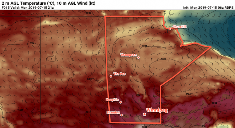 RDPS 2m Temperature Forecast valid 21Z Monday July 15, 2019