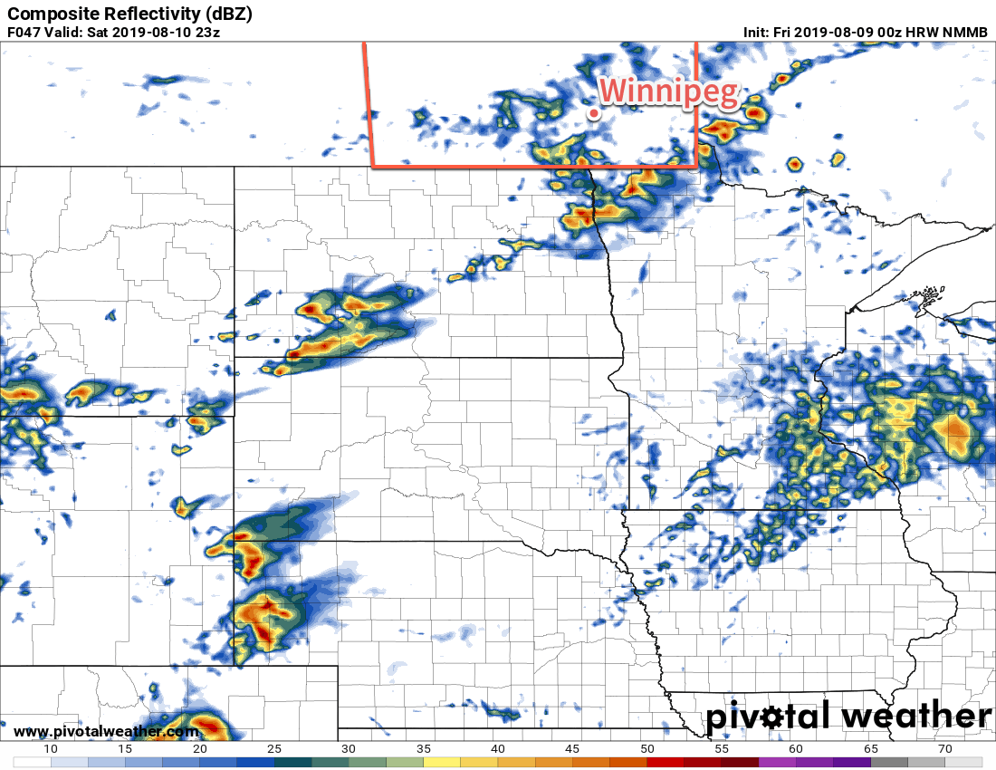 This forecast simulated RADAR reflectivity shows scattered showers across southern Manitoba on Saturday afternoon.