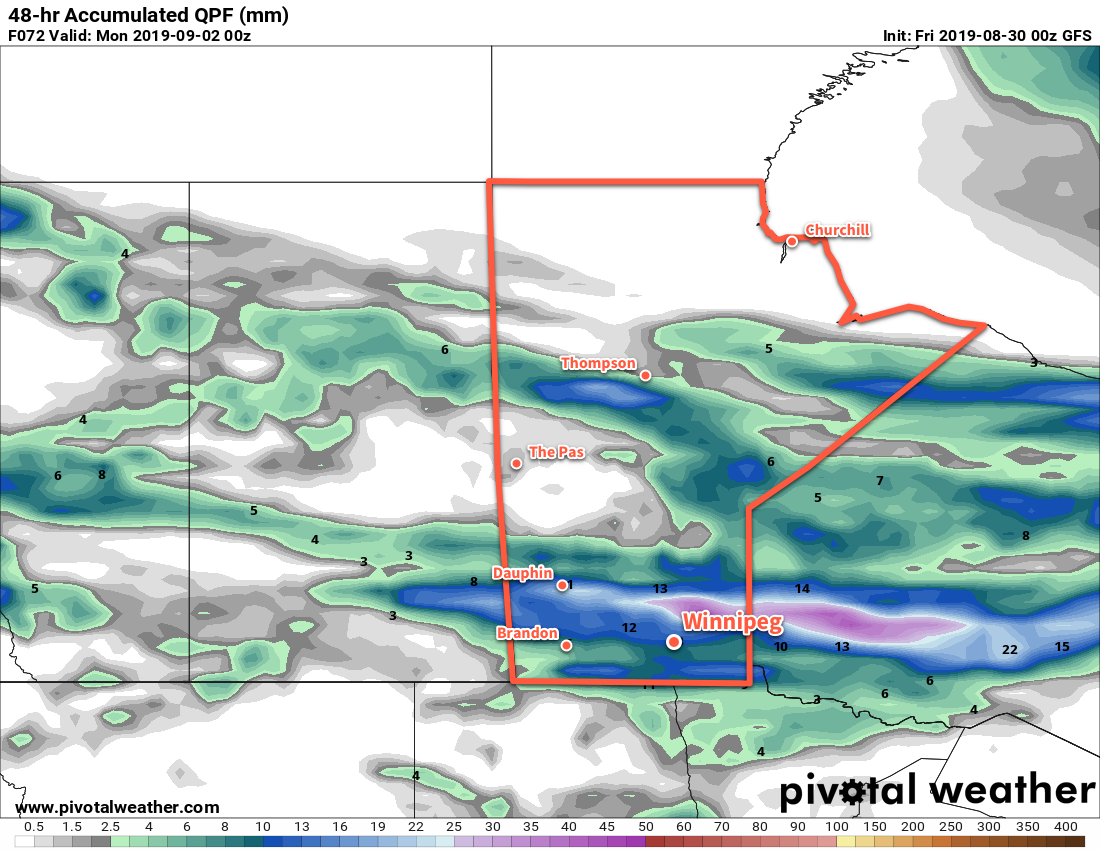 Much of southern Manitoba will likely see showers this weekend as several disturbances move across the region.