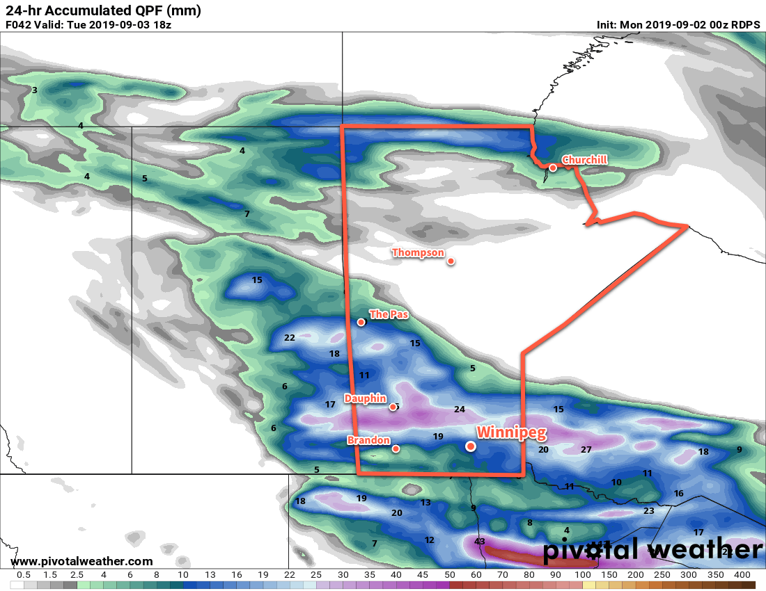 A broad swath of rain and showers will spread across southern Manitoba on Monday.