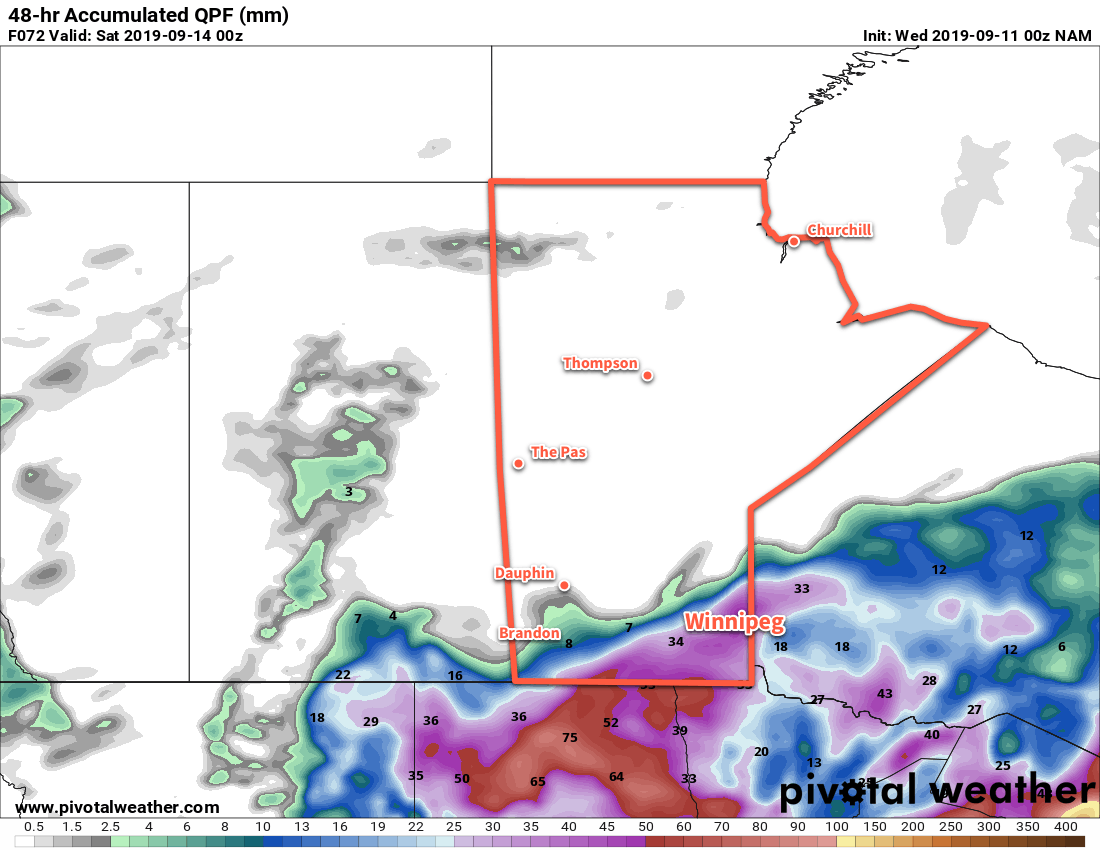 While much of southern Manitoba will likely see at least 20 to 30 mm of rain through the end of the week, some forecast models suggest that the region could see a widespread 25 to 50 mm.