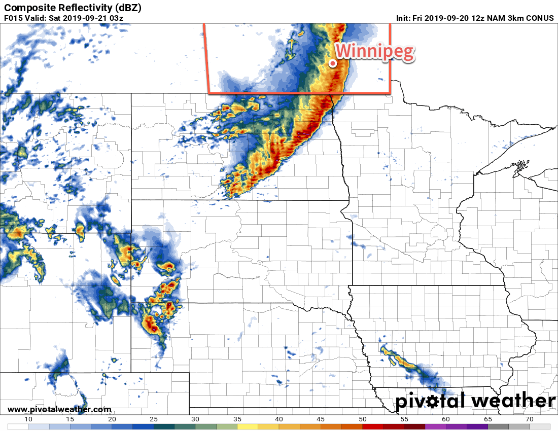 Another line of strong to severe thunderstorms will move thorugh southern Manitoba later today.