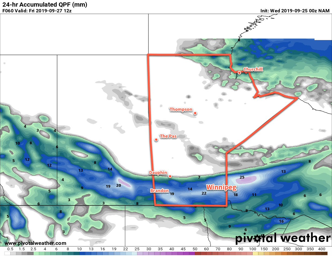 Rain will spread across southern Manitoba on Thursday night with most areas seeing 10 to 20 mm by Friday morning.