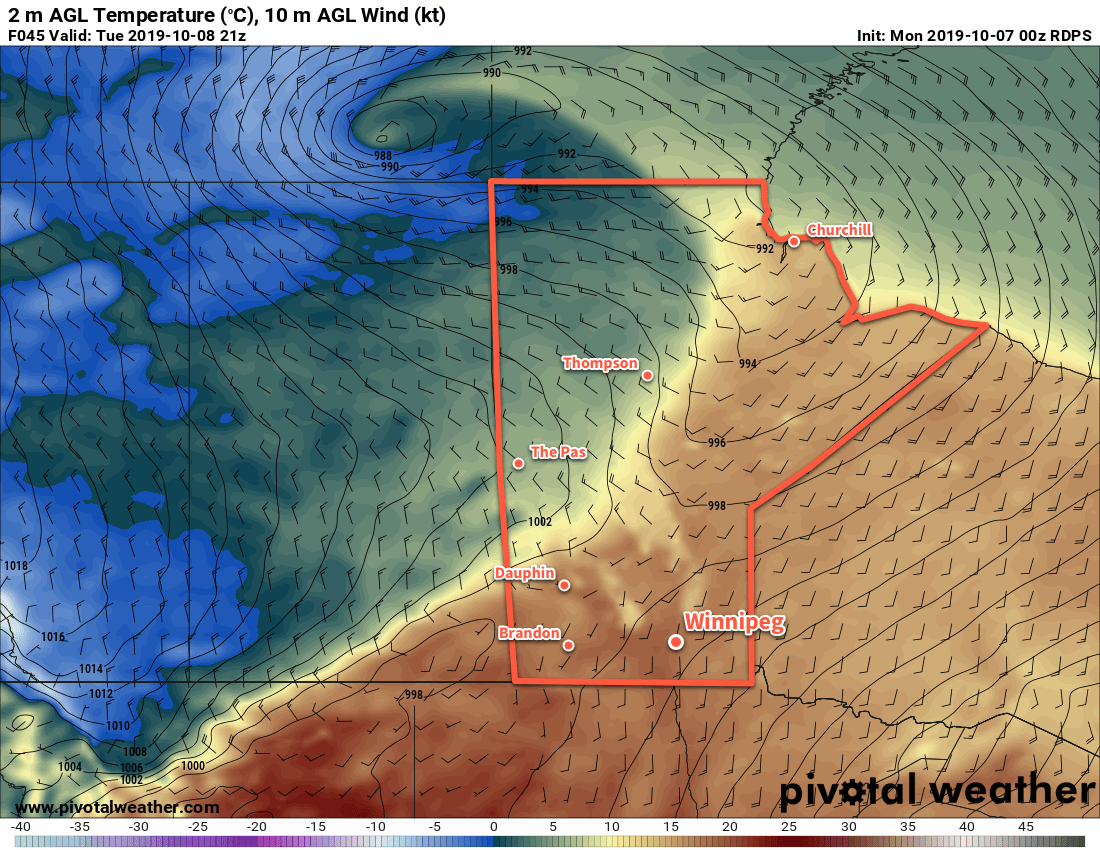 Seasonably mild temperatures will be in place over southern Manitoba on Tuesday while a sharp cold front pushes towards the region.