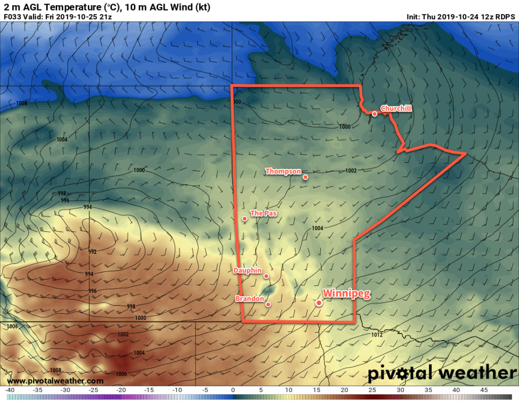 RDPS 2m Temperature Forecast valid 21Z Friday October 25, 2019