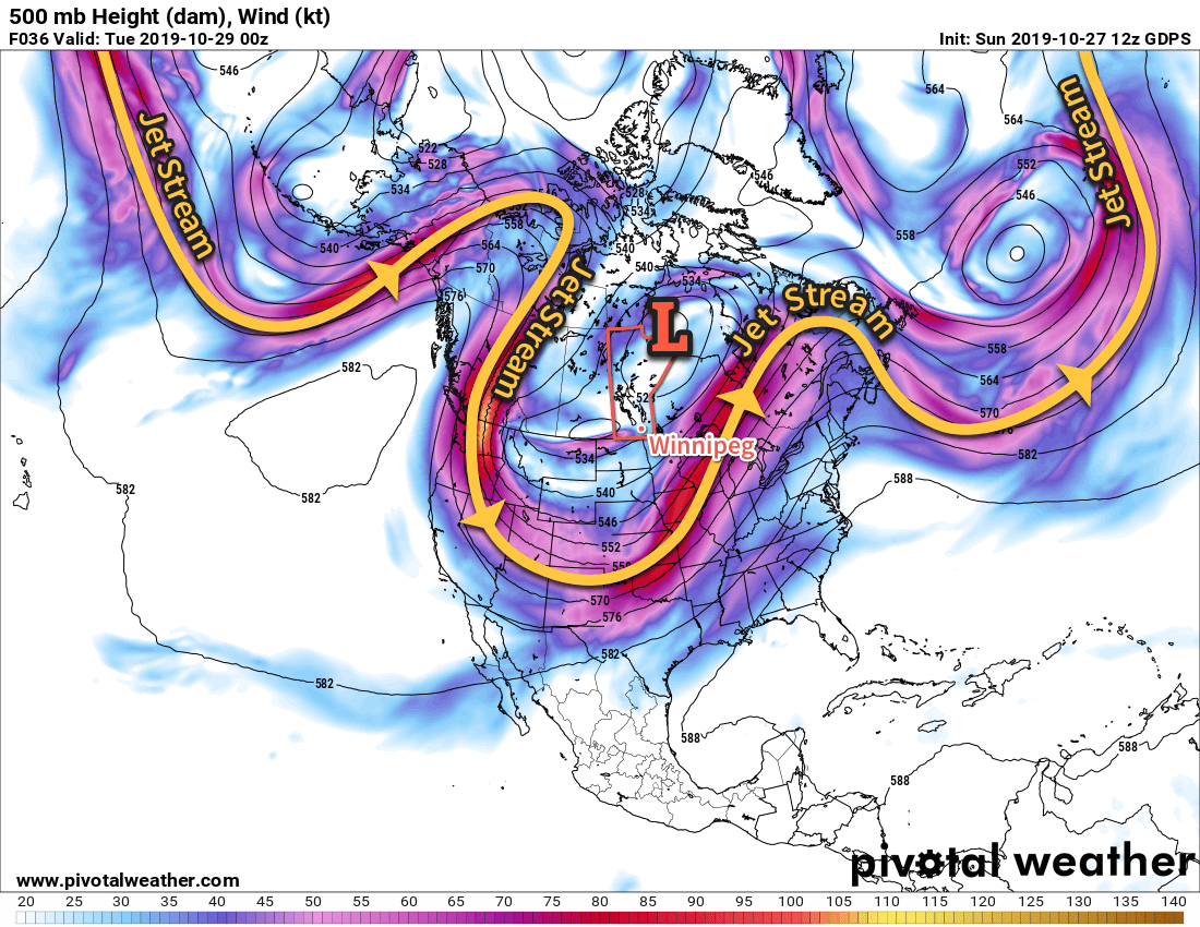 A potent upper low over Manitoba has pushed the jet stream into the southern United States.