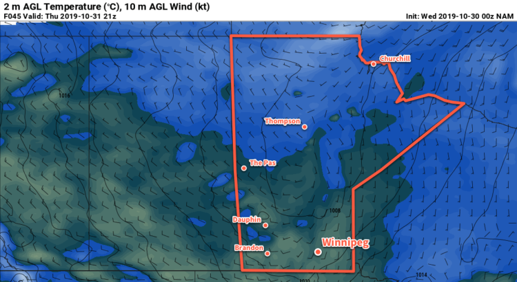 NAM 2m Temperature Forecast valid 21Z Thursday October 31, 2019