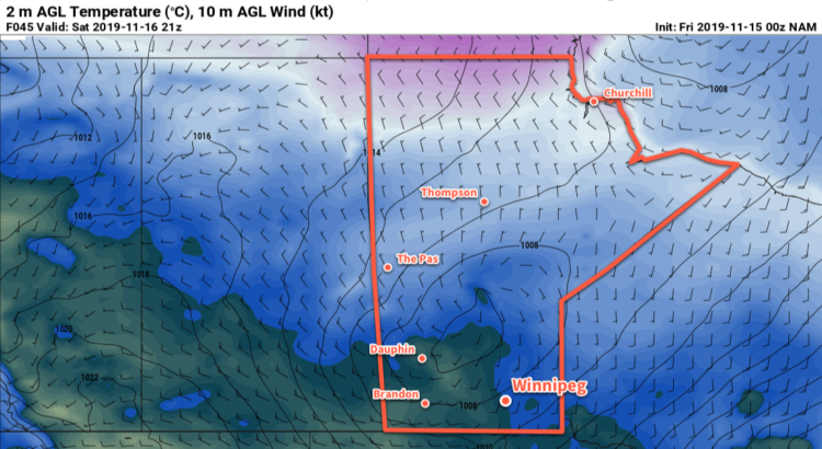 NAM 2m Temperature Forecast valid 21Z Saturday November 16, 2019