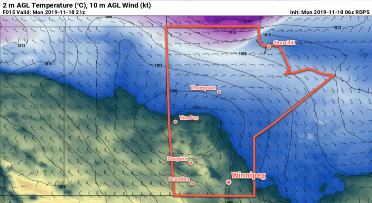 RDPS 2m Temperature Forecast valid 21Z Monday November 18, 2019