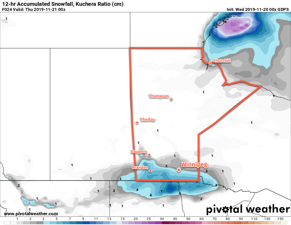 GDPS 12hr. Snow Accumulation (using Kuchera SLR) valid 00Z Thursday November 21, 2019