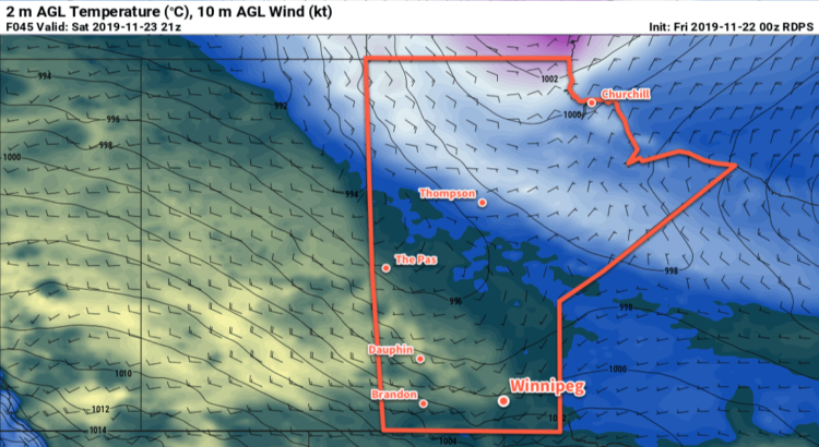 RDPS 2m Temperature Forecast valid 21Z Saturday November 23, 2019