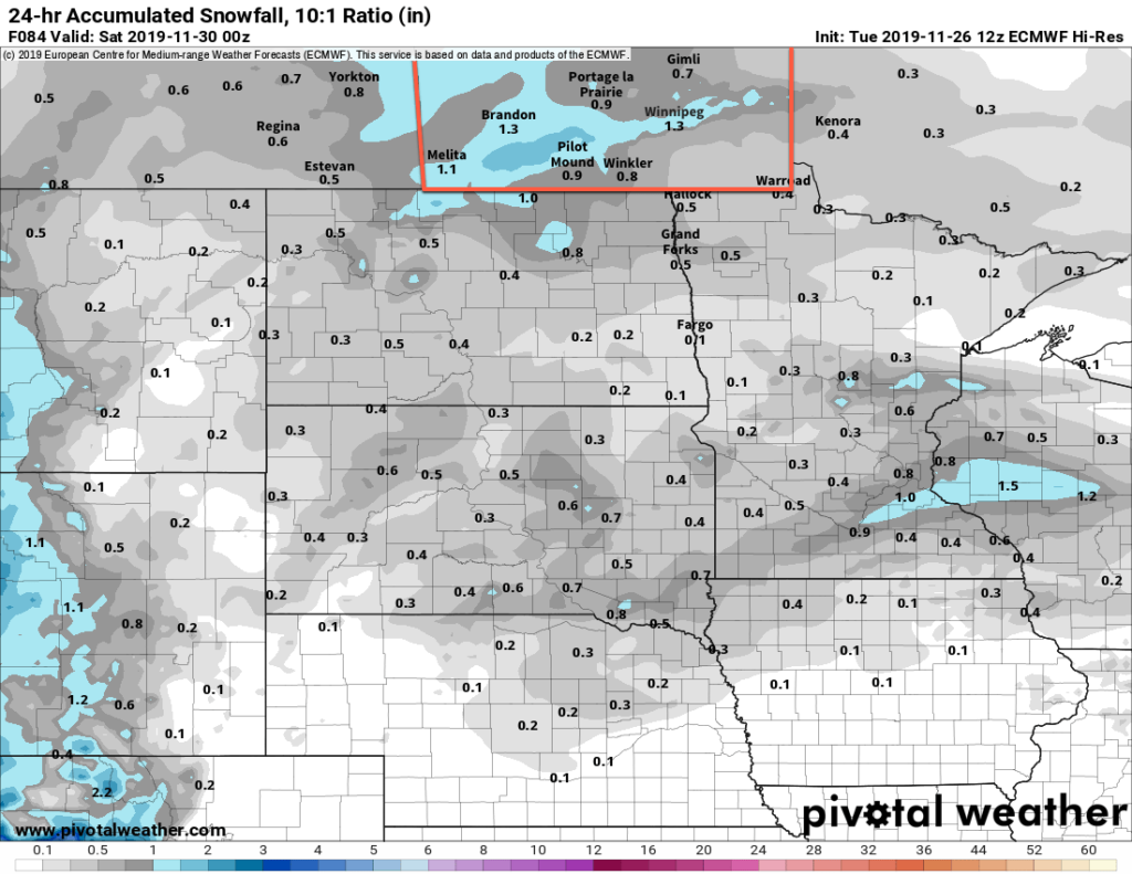 ECMWF 24hr. Snow QPF (10:1 SLR) valid 00Z Saturday November 30, 2019