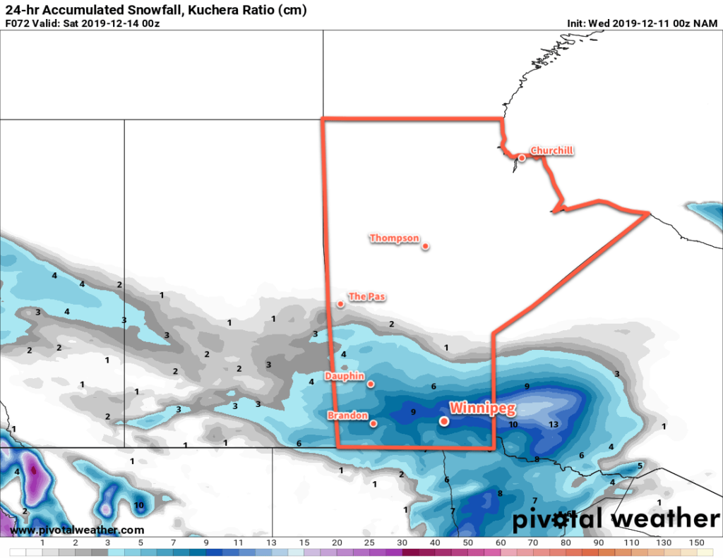 NAM 24hr. Snow Accumulation Forecast valid 00Z Saturday December 14, 2019