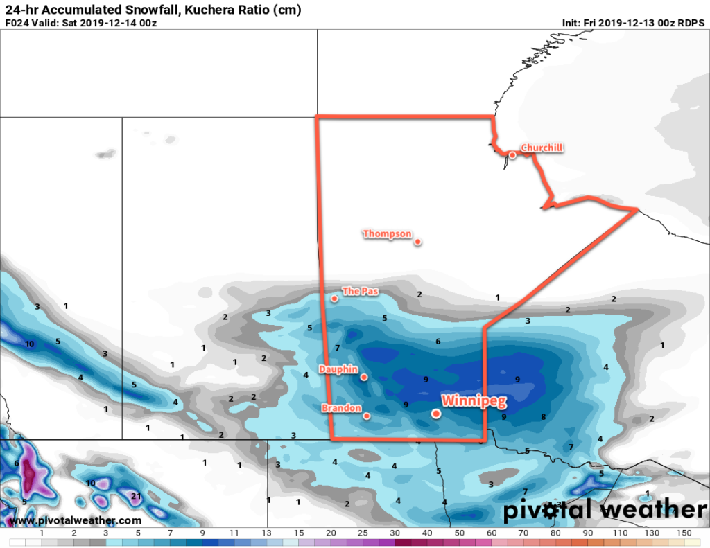 RDPS 24 hr. Snow Accumulation Forecast (Kuchera Ratio) valid 00Z Saturday December 14, 2019