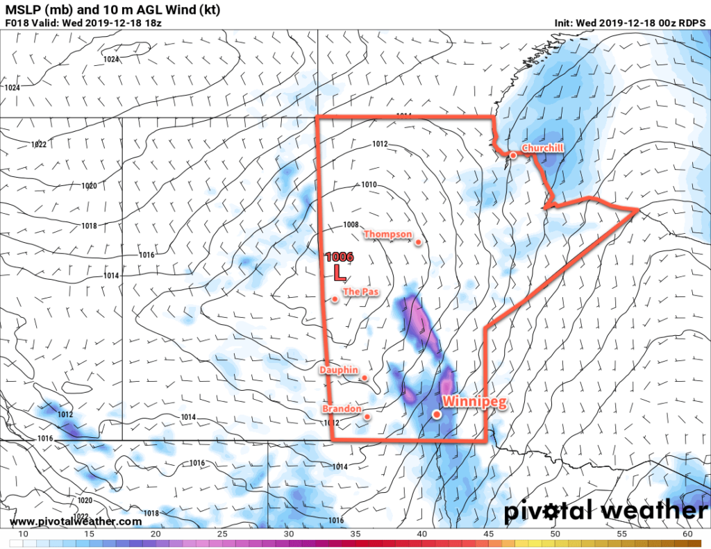 RDPS 10m Wind Forecast valid 18Z Wednesday December 18, 2019