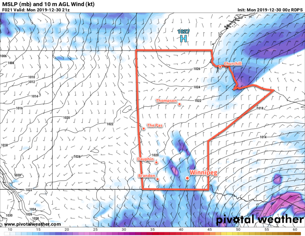 RDPS 10m Wind Forecast valid 21Z Monday December 30, 2019