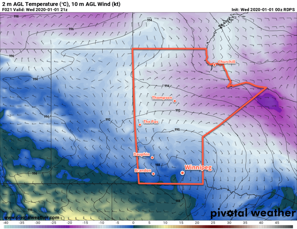 RDPS 2m Temperature Forecast valid 21Z Wednesday January 1, 2020