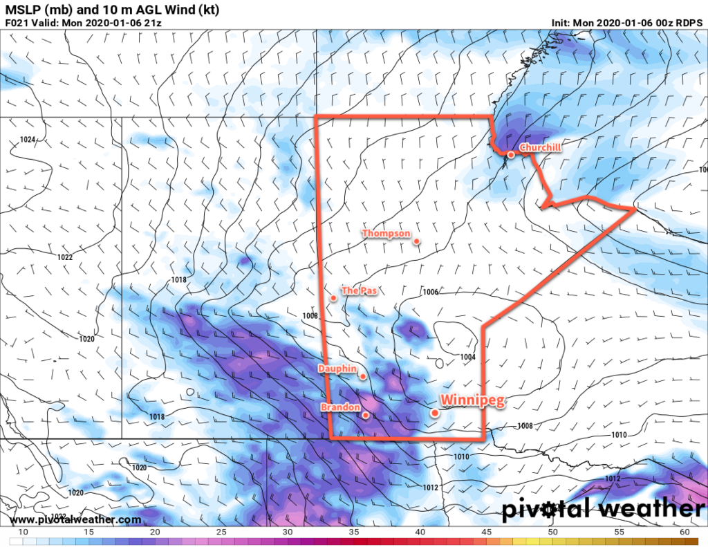 RDPS Forecast 10m Winds valid 21Z Monday January 6, 2020