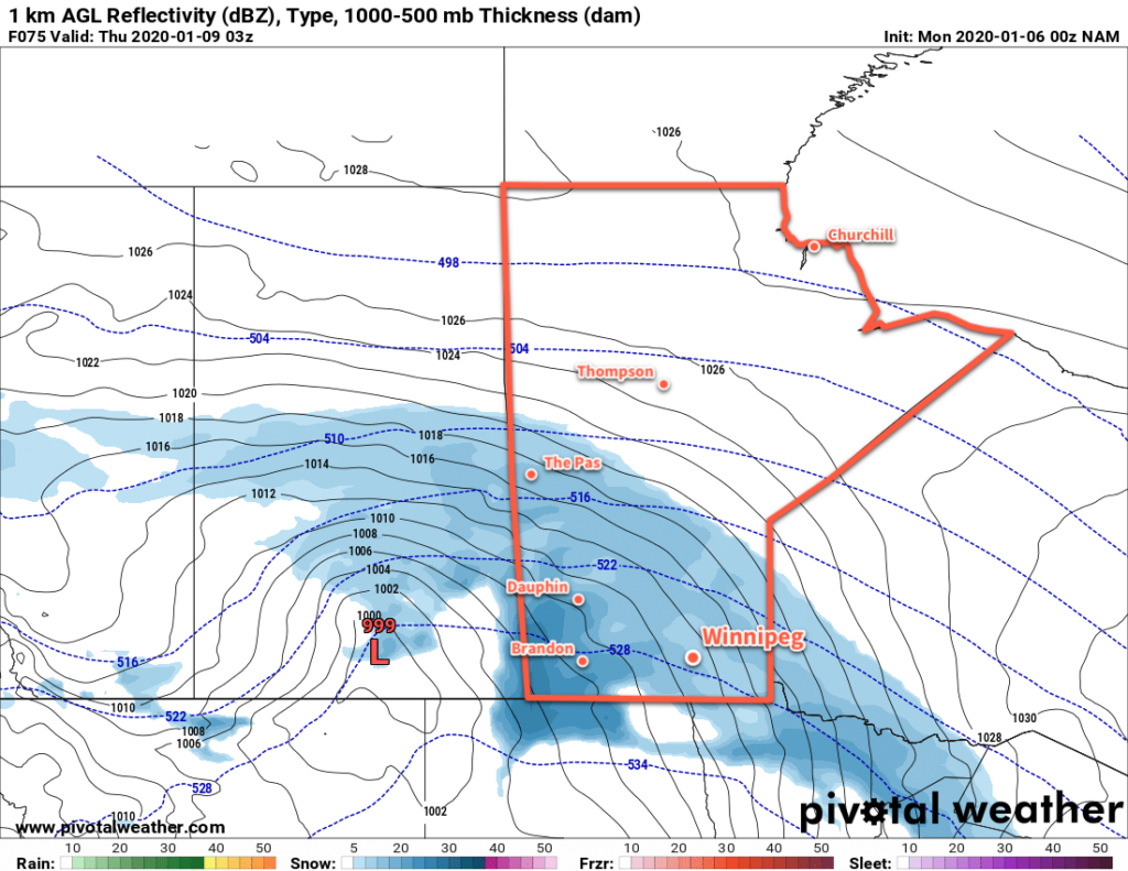 NAM Forecast 1km Reflectivity with Precipitation Type valid 03Z Thursday January 9, 2020