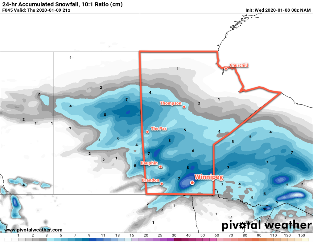 NAM 24hr. Snowfall Accumulation (10:1 Ratio) valid 21Z Thursday January 9, 2020