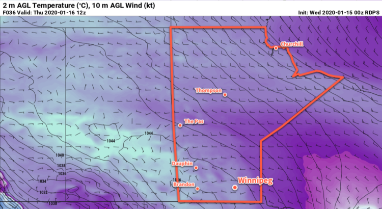 RDPS 2m Temperature Forecast valid 12Z Thursday January 16, 2020