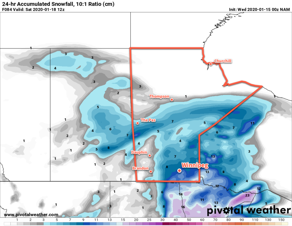 NAM 24hr. Accumulated Snowfall Forecast valid 12Z Saturday January 18, 2020