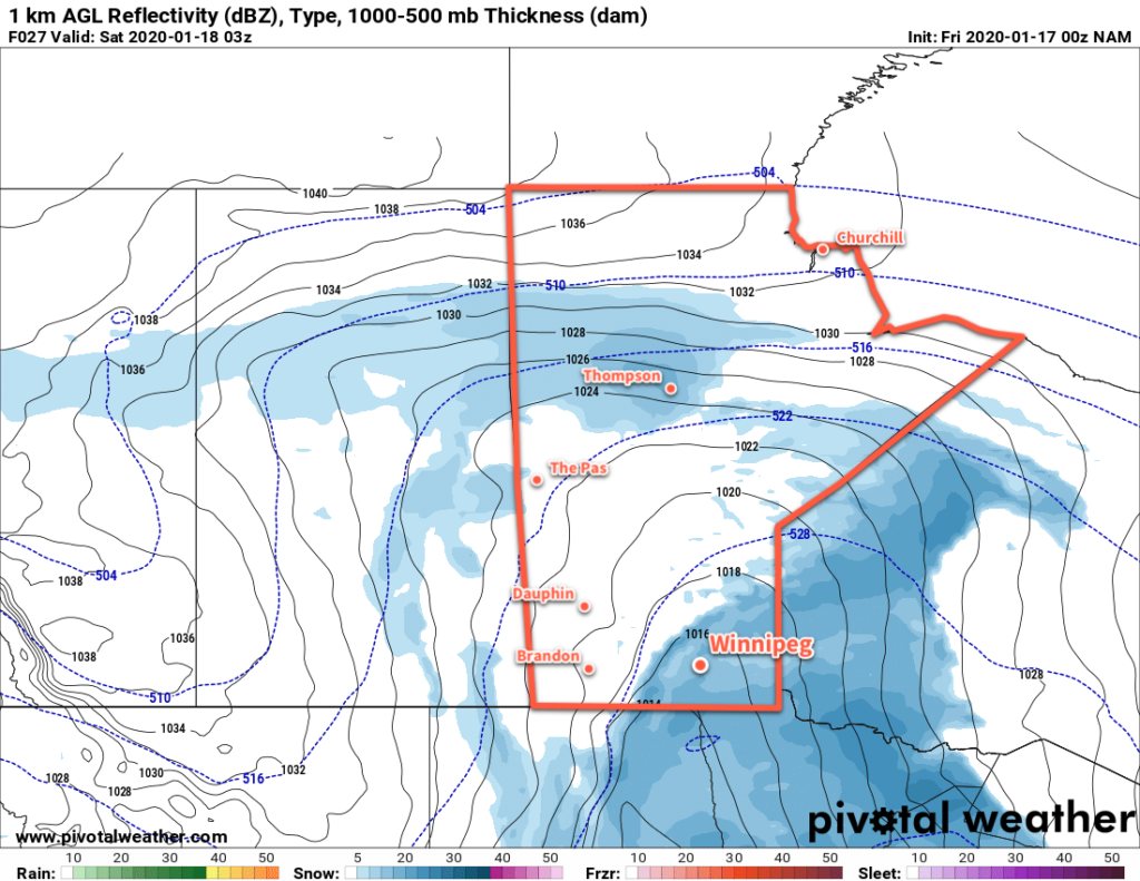 NAM 1km Reflectivity with Precipitation Type Forecast valid 03Z Saturday January 18, 2020