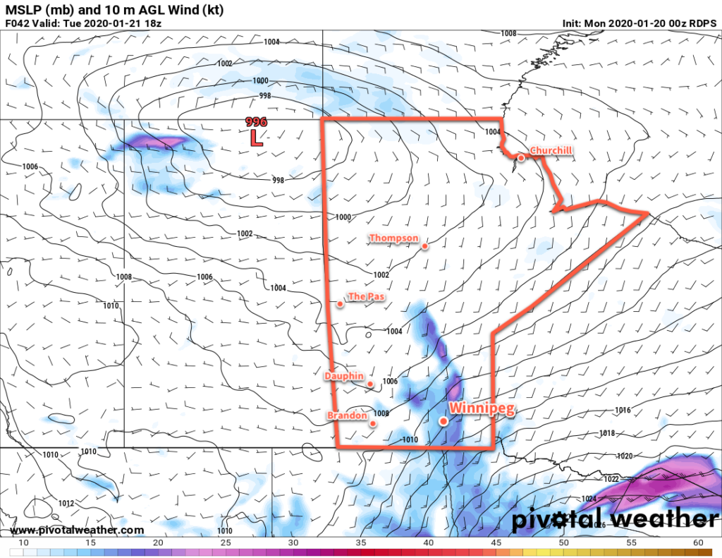 RDPS 10m Wind Forecast valid 18Z Tuesday January 21, 2020