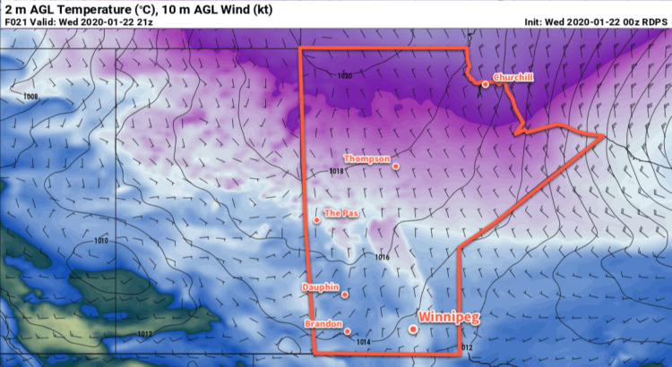 RDPS 2m Temperature Forecast valid 21Z Wednesday January 22, 2020