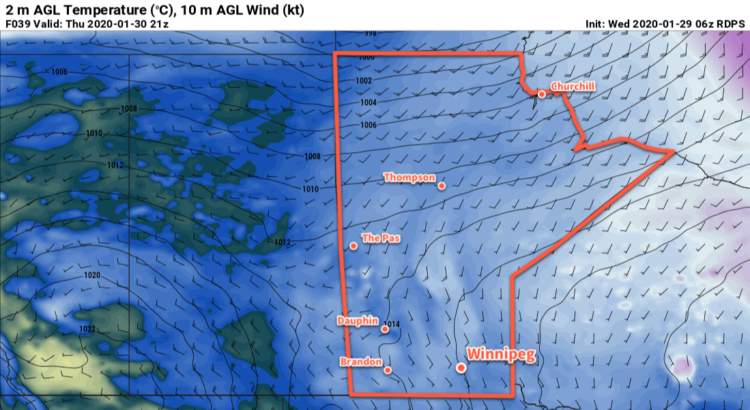 RDPS 2m Temperature Forecast valid 21Z Thursday January 30, 2020