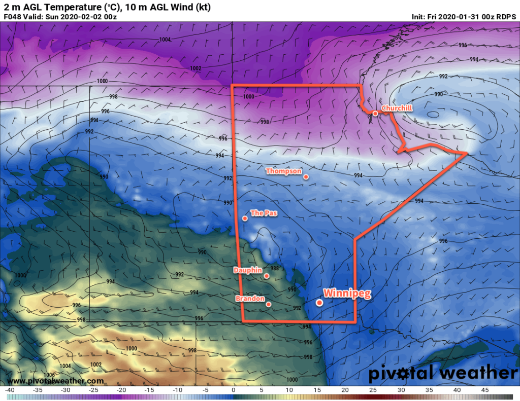 RDPS 2m Temperature Forecast valid 00Z Sunday February 2, 2020