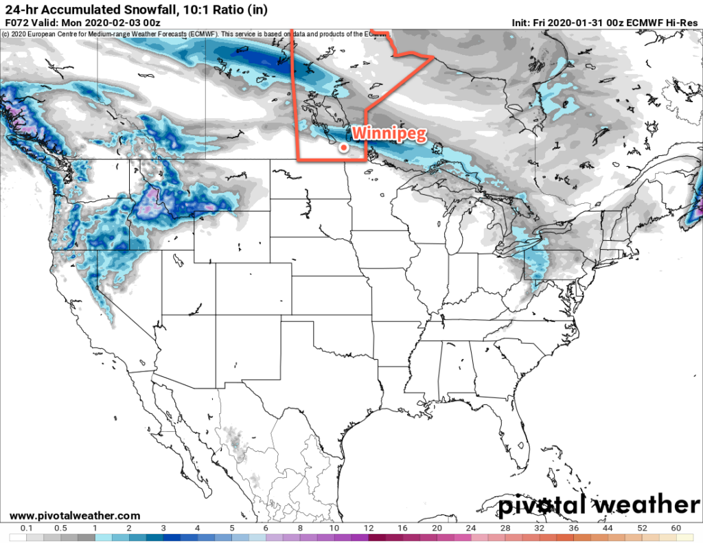 ECMWF 24hr. Accumulated Snowfall Forecast (10:1 SLR) valid 00Z Monday February 3, 2020