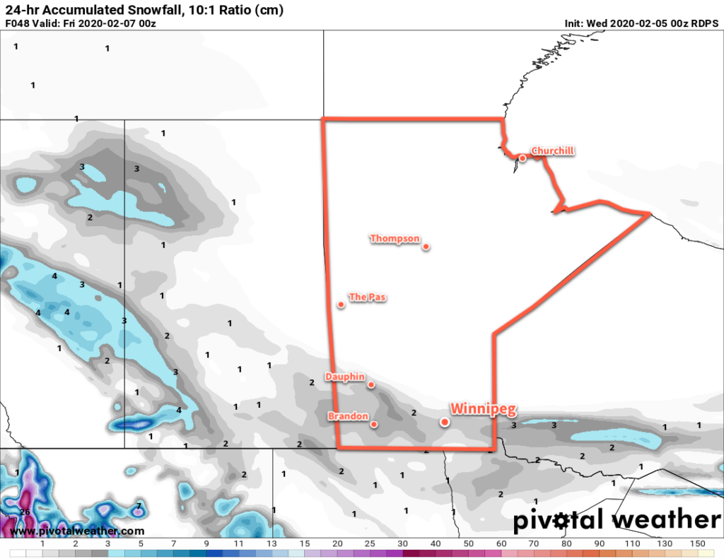 RDPS 24hr. Accumulated Snowfall (10:1 SLR) valid 00Z Friday February 7, 2020