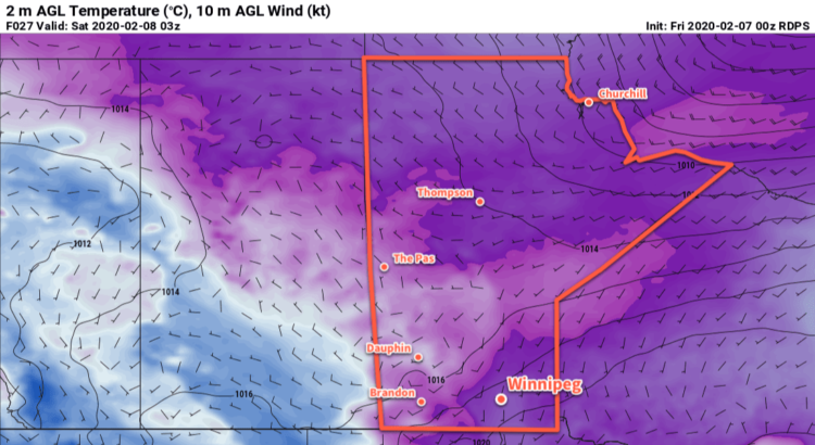 RDPS 2m Temperature Forecast valid 03Z Saturday February 8, 2020